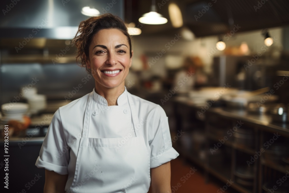 Portrait of a middle aged Hispanic female chef in kitchen Portrait of a middle aged Hispanic female chef in kitchen