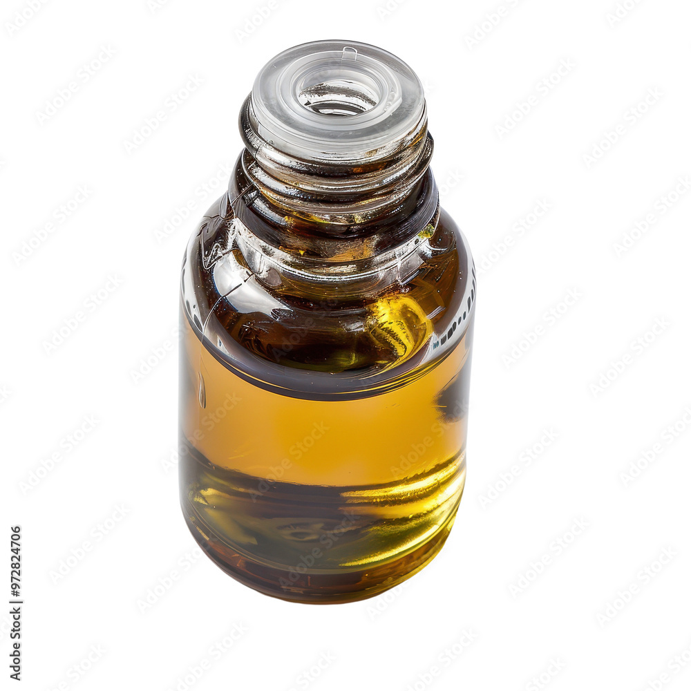 Glass bottle with golden liquid essential oil amber bottle isolated transparent background Glass bottle with golden liquid essential oil amber bottle isolated transparent background