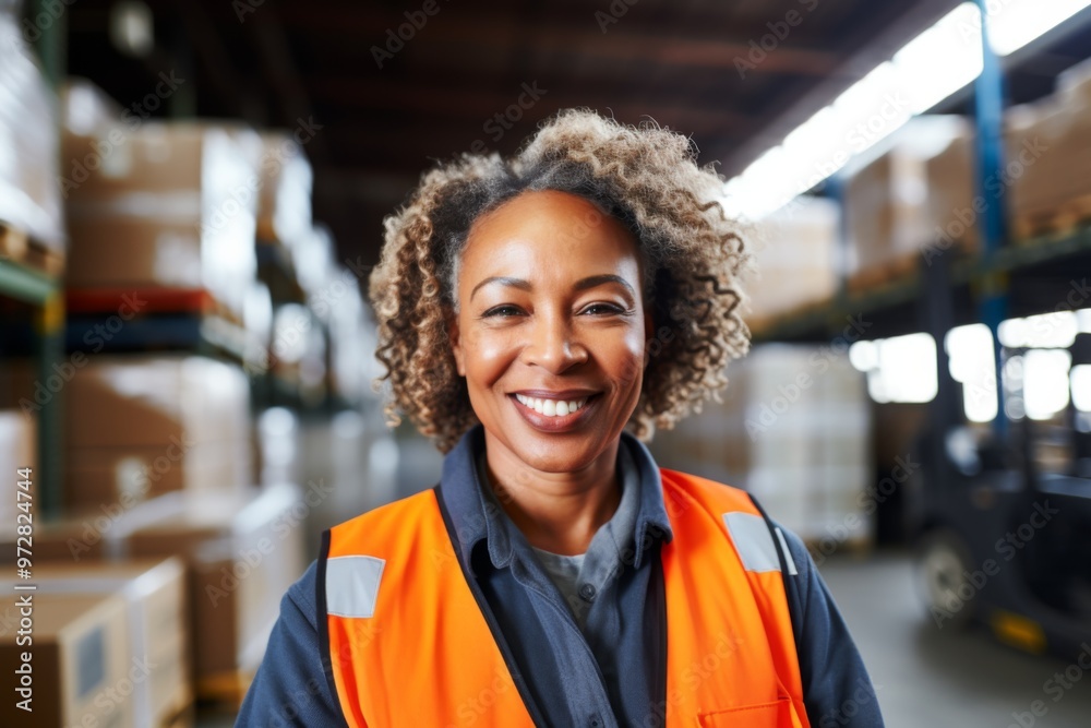 Naklejka premium Portrait of a middle aged female forklift worker in warehouse