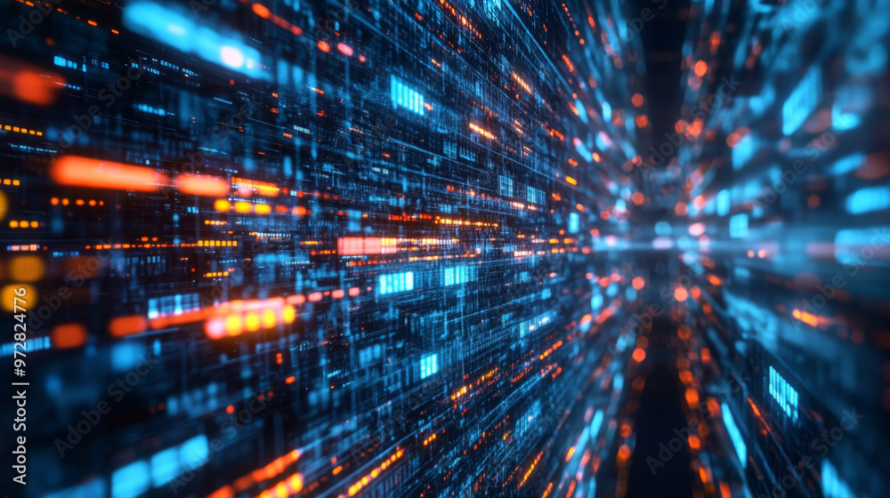 Abstract Digital Data Flow with Bright Lights and Binary Code Abstract Digital Data Flow with Bright Lights and Binary Code