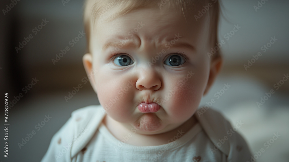 Adorable baby with a pouty face expressing confusion indoors Adorable baby with a pouty face expressing confusion indoors
