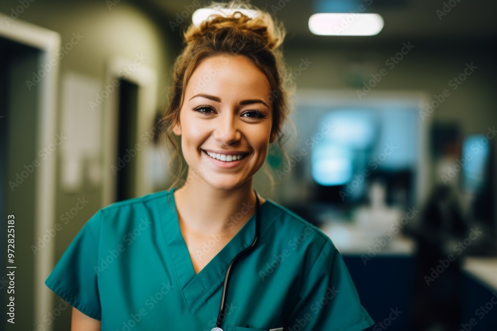 Fototapeta premium Portrait of a young nurse in scrubs at hospital