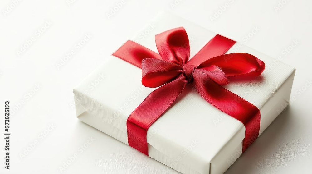 elegant gift box with flowing red ribbon crisp white background soft shadows add depth closeup details highlight luxurious texture and perfect bow elegant gift box with flowing red ribbon crisp white background soft shadows add depth closeup details highlight luxurious texture and perfect bow