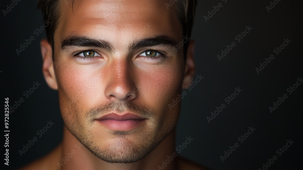 Obraz premium A close-up portrait of a young man with clear blue eyes in a dimly lit setting emphasizing his facial features and strong jawline
