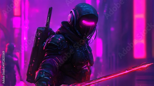 24. **A cyberpunk warrior in neon-lit armor, holding plasma blades photo