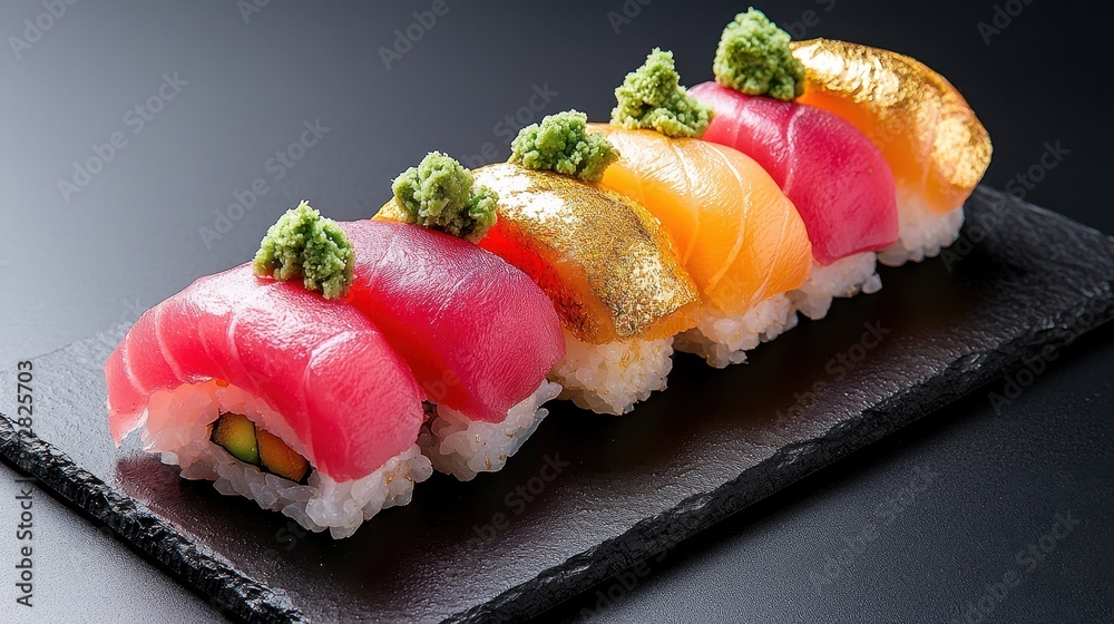 Savor vibrant sushi rolls topped with fresh fish and wasabi, elegantly arranged on a dark slate serving board. Savor vibrant sushi rolls topped with fresh fish and wasabi, elegantly arranged on a dark slate serving board.