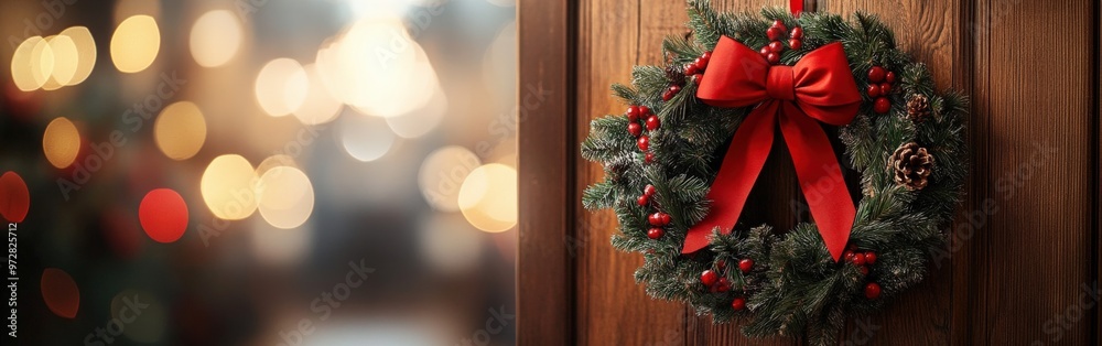 Christmas Wreath with Red Bow Hanging on Window Christmas Wreath with Red Bow Hanging on Window