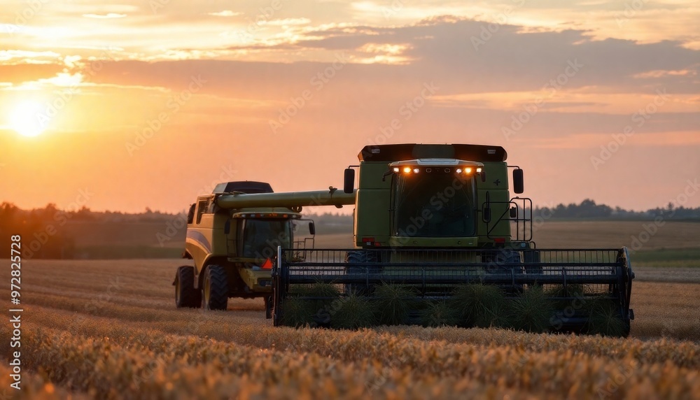 Fototapeta premium Harvesting during sunset with a combine harvester in a golden field