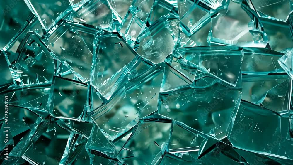 Shards of broken glass scattered across a surface reflecting light in an artistic display