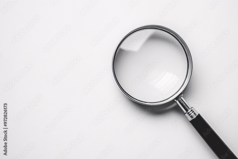 A close-up view of a silver magnifying glass resting on a light background for detailed examination purposes A close-up view of a silver magnifying glass resting on a light background for detailed examination purposes