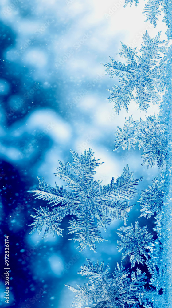 A high-resolution macro shot of ice crystals forming intricate patterns on a window pane, with a soft-focus background in cool blue tones. wallpaper for smartphone, background A high-resolution macro shot of ice crystals forming intricate patterns on a window pane, with a soft-focus background in cool blue tones. wallpaper for smartphone, background