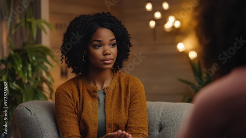 empathetic black female therapist in soothing office warm earth tones soft lighting client experiencing emotional breakthrough body language conveying trust and openness photo