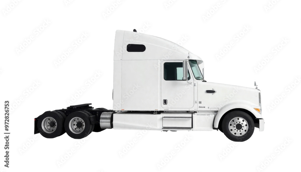 White semi-truck with a sleek design parked on a clean background under natural light near a shipping yard White semi-truck with a sleek design parked on a clean background under natural light near a shipping yard