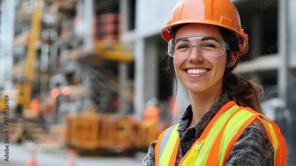 empowered construction worker confident female wearing hard hat safety vest and protective gear smiling proudly on a bustling construction site empowered construction worker confident female wearing hard hat safety vest and protective gear smiling proudly on a bustling construction site