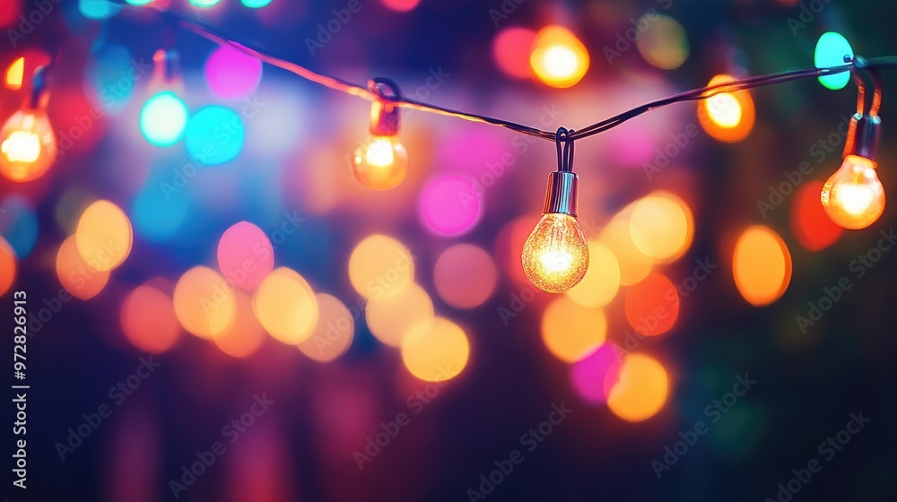 String of warm white fairy lights with colorful bokeh background. String of warm white fairy lights with colorful bokeh background.