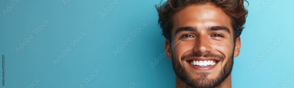 Smiling man with beard and mustache against blue background Smiling man with beard and mustache against blue background