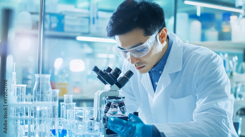Asian doctor using a microscope in a research lab, analyzing samples and conducting scientific investigations.