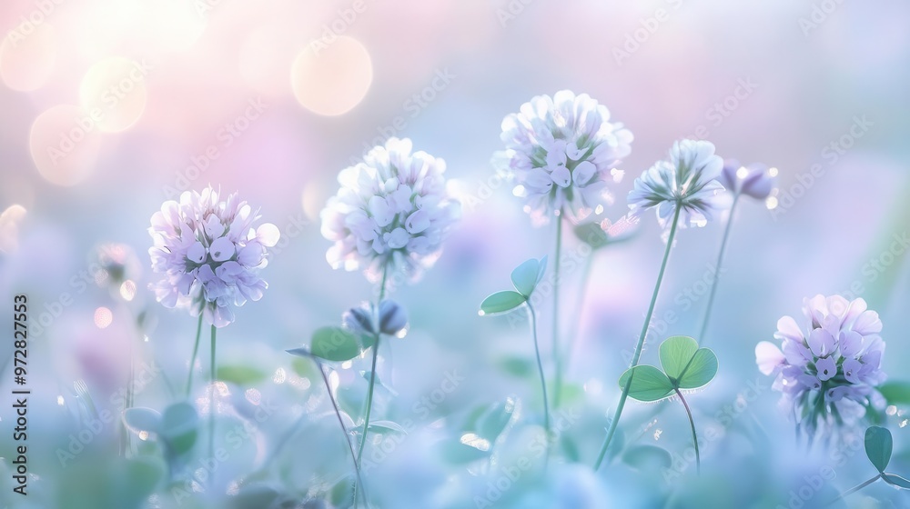 Fototapeta premium enchanted clover meadow macro view of delicate wildflowers soft morning light bokeh effect dewdrops glistening dreamy pastel palette ethereal nature scene