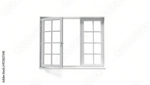 A white wooden window with open double doors revealing a clear glass pane against a transparent background