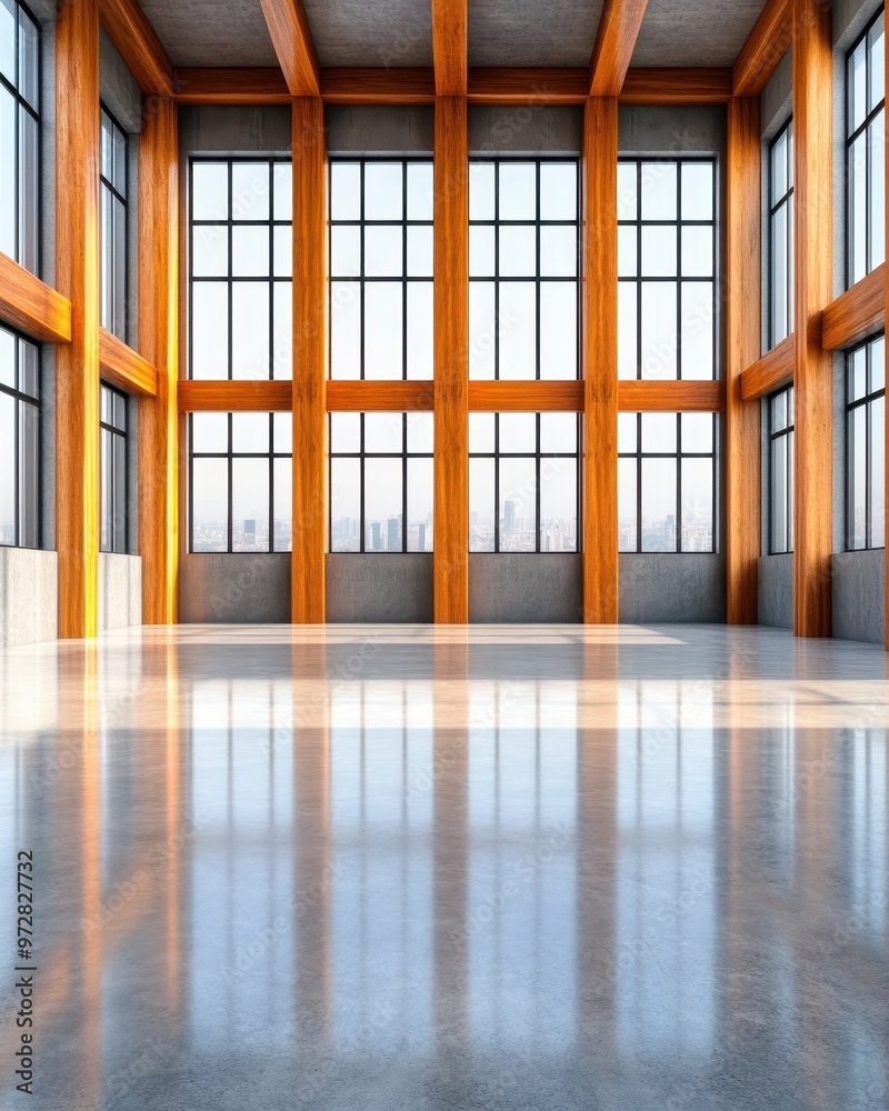 Fototapeta premium Modern Loft Interior with Large Windows and Wooden Beams