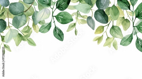 Watercolor illustration of eucaliptus green leaves over white background