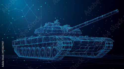 A modern vector illustration of a German main battle tank, rendered in an abstract low poly wireframe style. The tank is depicted using polygons, lines, and geometric shapes, showcasing a 3D perspecti photo