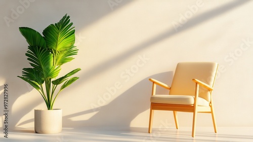 Minimalist Interior Design with Wooden Chair and Plant