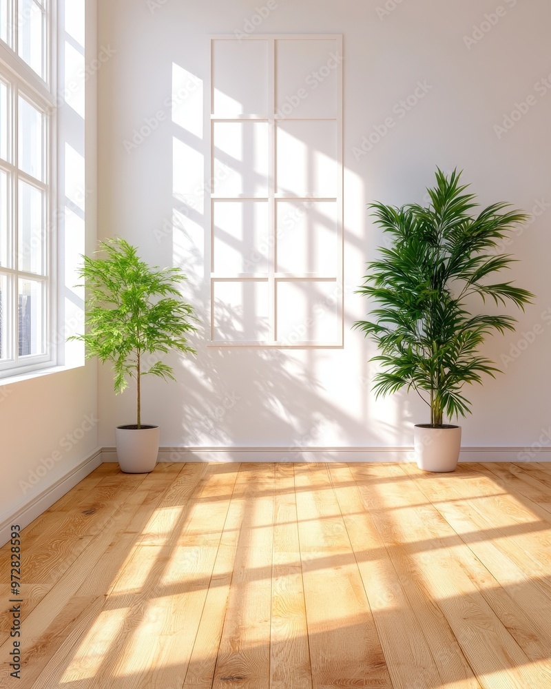 Fototapeta premium Empty Room with Sunlight Streaming Through Windows and Plants