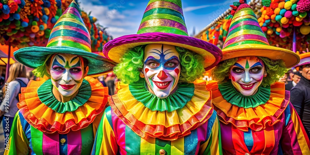 Fototapeta premium Creepy carnival worker costumes with bright colors and oversized hats