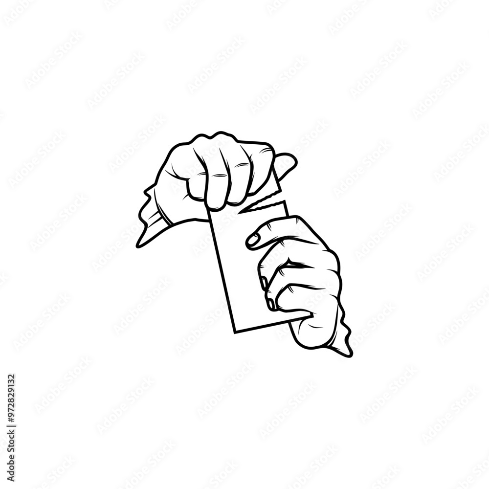 left hand holding paper right hand tearing it black and white vector line art left hand holding paper right hand tearing it black and white vector line art