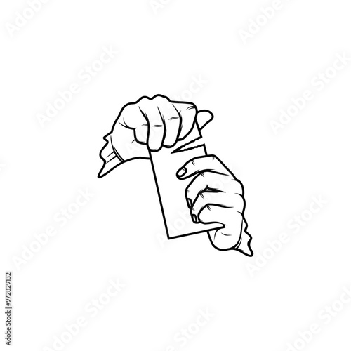 left hand holding paper right hand tearing it black and white vector line art