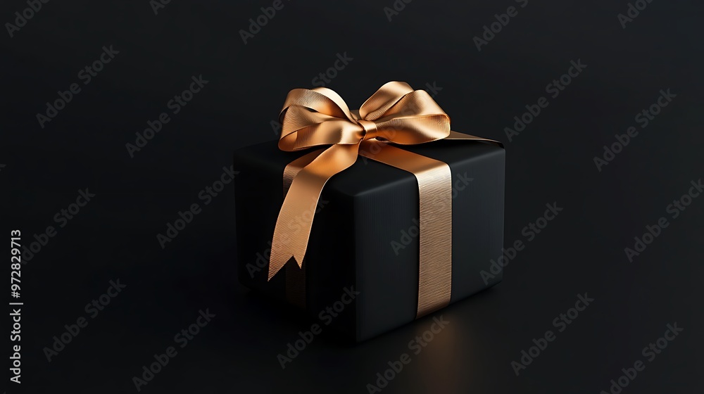 A black gift box with a golden bow sits on a black background. The box is square and has a golden ribbon tied around it. A black gift box with a golden bow sits on a black background. The box is square and has a golden ribbon tied around it.