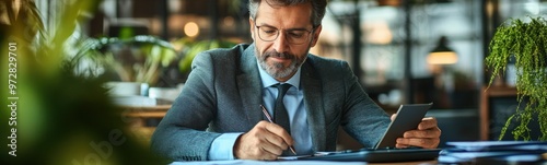 Man sitting at a table with a cell phone and a laptop, accountant profession
