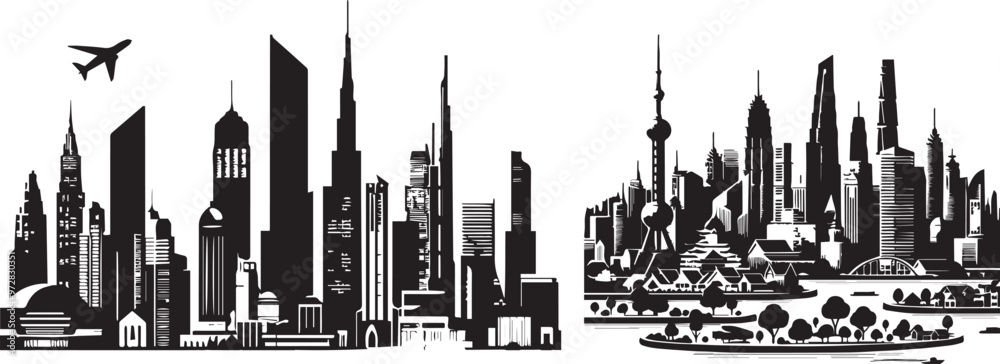 Naklejka premium Vector city silhouette in a flat style. Modern urban landscape.vector illustration vector