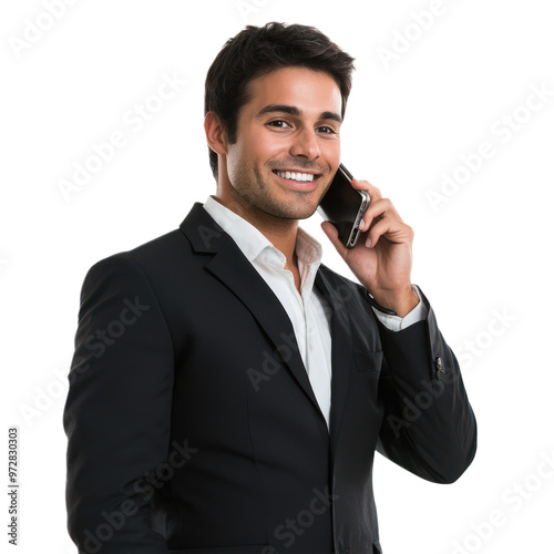 A sales representative holding a phone to their ear with a confident smile, as if talking to a client. isolated on transparency background