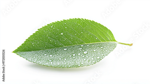 Green leaf with water droplets in close-up on white background