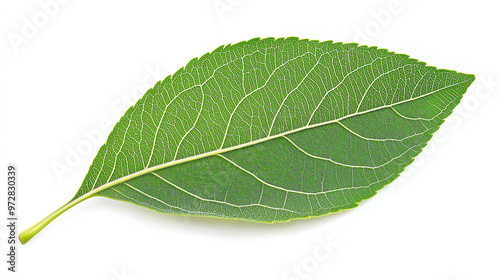 Close-up of green leaf with detailed vein pattern on white background
