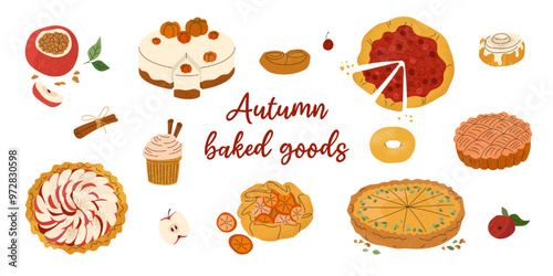 Set autumn baked goods. Design elements with textured effect. Sweet autumn. Pie, cookies, cake, donut and cupcake. For menu, card, poster, pattern, background