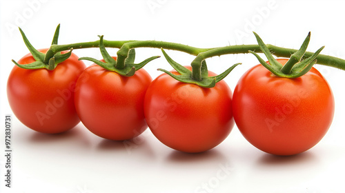 Ripe red tomatoes on the vine isolated on white background