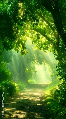 A mystical forest path enveloped in morning fog with sunbeams filtering through the dense canopy, creating a dreamy and ethereal atmosphere