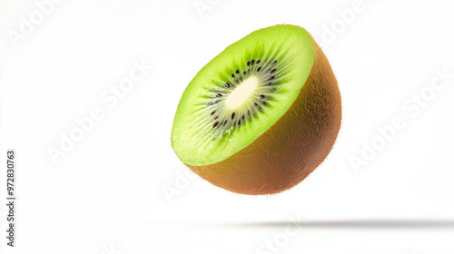 Sliced kiwi fruit hovering against white background