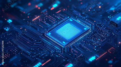 A detailed digital vector illustration showing an AI chip from a top view, set against a technology-themed blue background. The light blue microchip features an abstract circuit board design, emphasiz