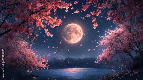 enchanting night scene with bright moon illuminating falling cherry blossoms digital painting