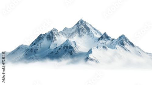 Majestic snow-covered mountains rising above the clouds under a clear blue sky during early morning light