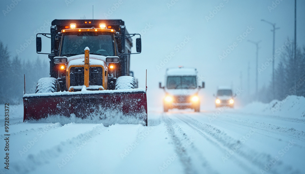 Close-up of a snow plow grader clearing a highway during heavy snowfall, with vehicles waiting behind.






