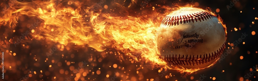 Baseball on fire flying with intense energy Baseball on fire flying with intense energy