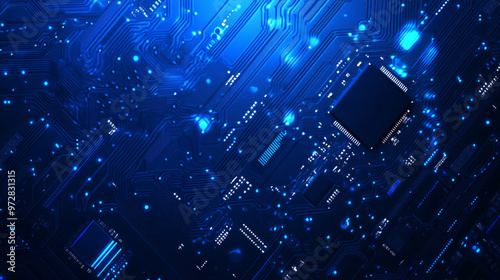 A detailed digital vector illustration showing an AI chip from a top view, set against a technology-themed blue background. The light blue microchip features an abstract circuit board design, emphasiz