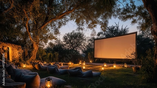 enchanting outdoor cinema setup with a large projector screen nestled in nature cozy seating area with soft lighting creating an immersive and magical moviewatching atmosphere photo