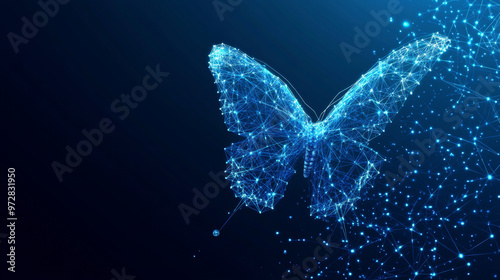 A cutting-edge vector illustration depicting an abstract butterfly in flight over a network of linked digital blocks. The design, characterized by its low poly wireframe style with a 3D isometric effe