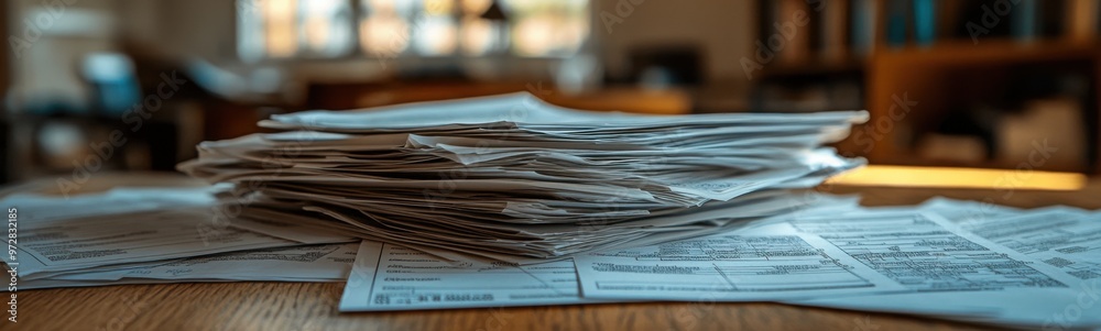 Tax forms and documents stacked on top of each other on a table Tax forms and documents stacked on top of each other on a table